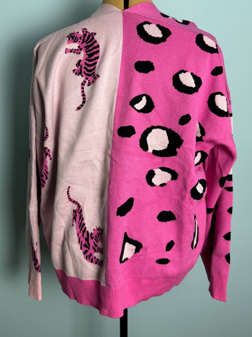 Pink Two-Tone Leopard & Tiger Print Button-Up Sweater - Picture 2 of 2